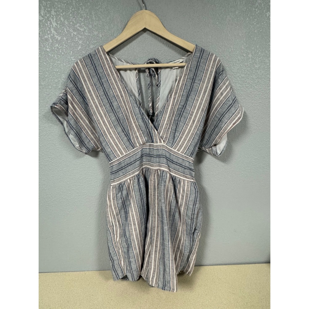 American‎ Eagle Striped Linen Blend Romper Blue White Tie Waist V-Neck Small - Picture 3 of 6